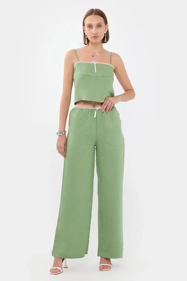 Striped High Waist Straight Leg Pajama Bottom with a Belt Detail