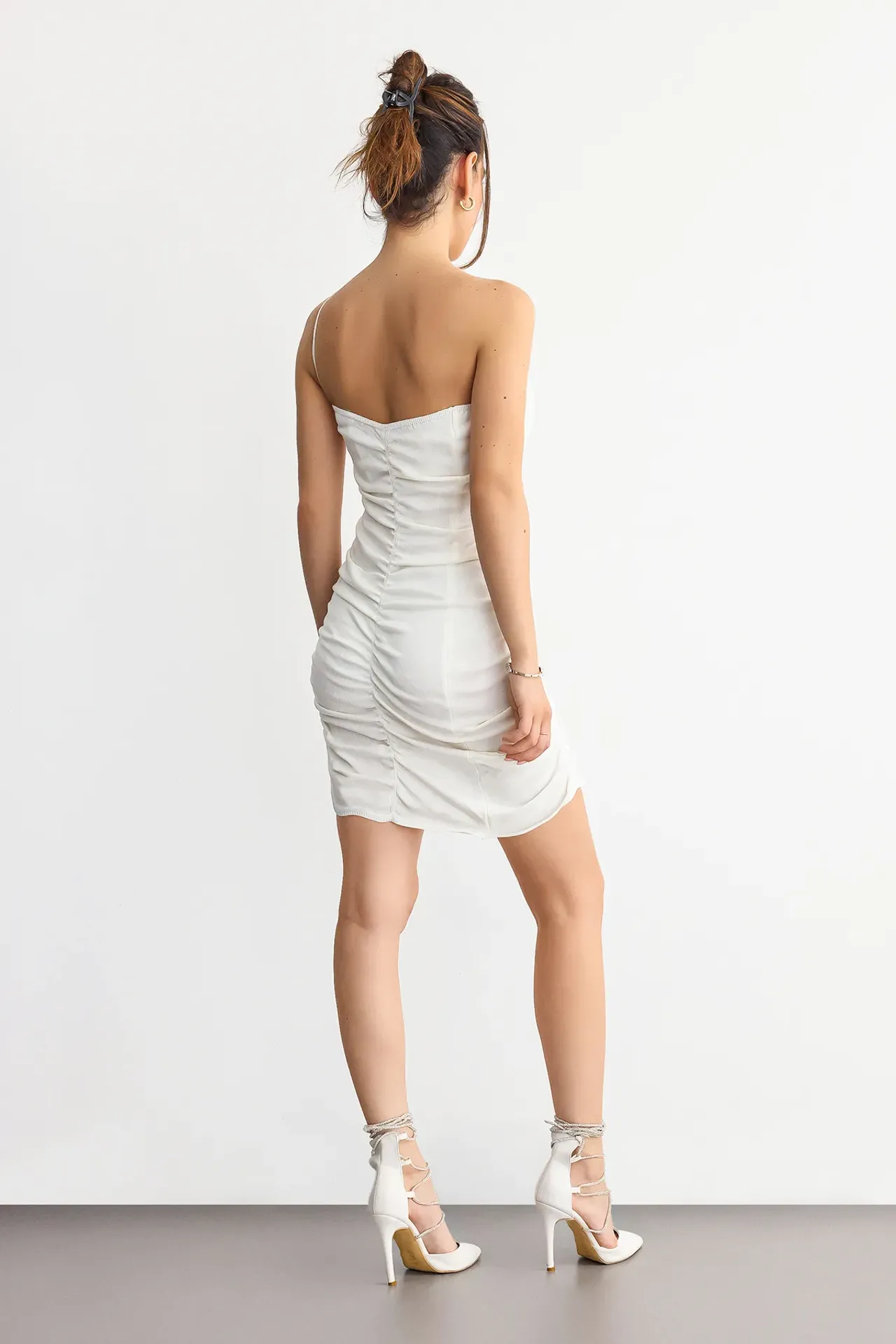 Strapless Ruched Tulle Bodycon Mini Dress with Flower Detail