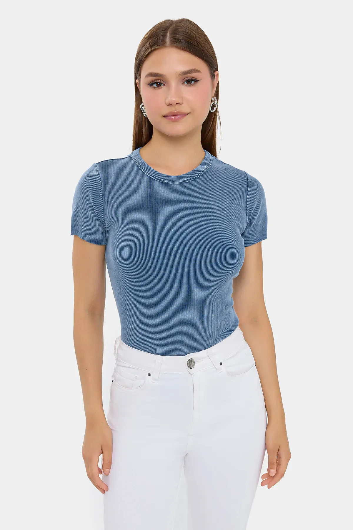 Short Sleeve Acid-Washed T-Shirt with Ribbed Round Neck 1