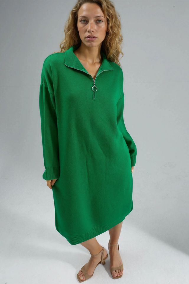 MY FASHION Ribbed Knit Midi Dress with Zipper Collar
