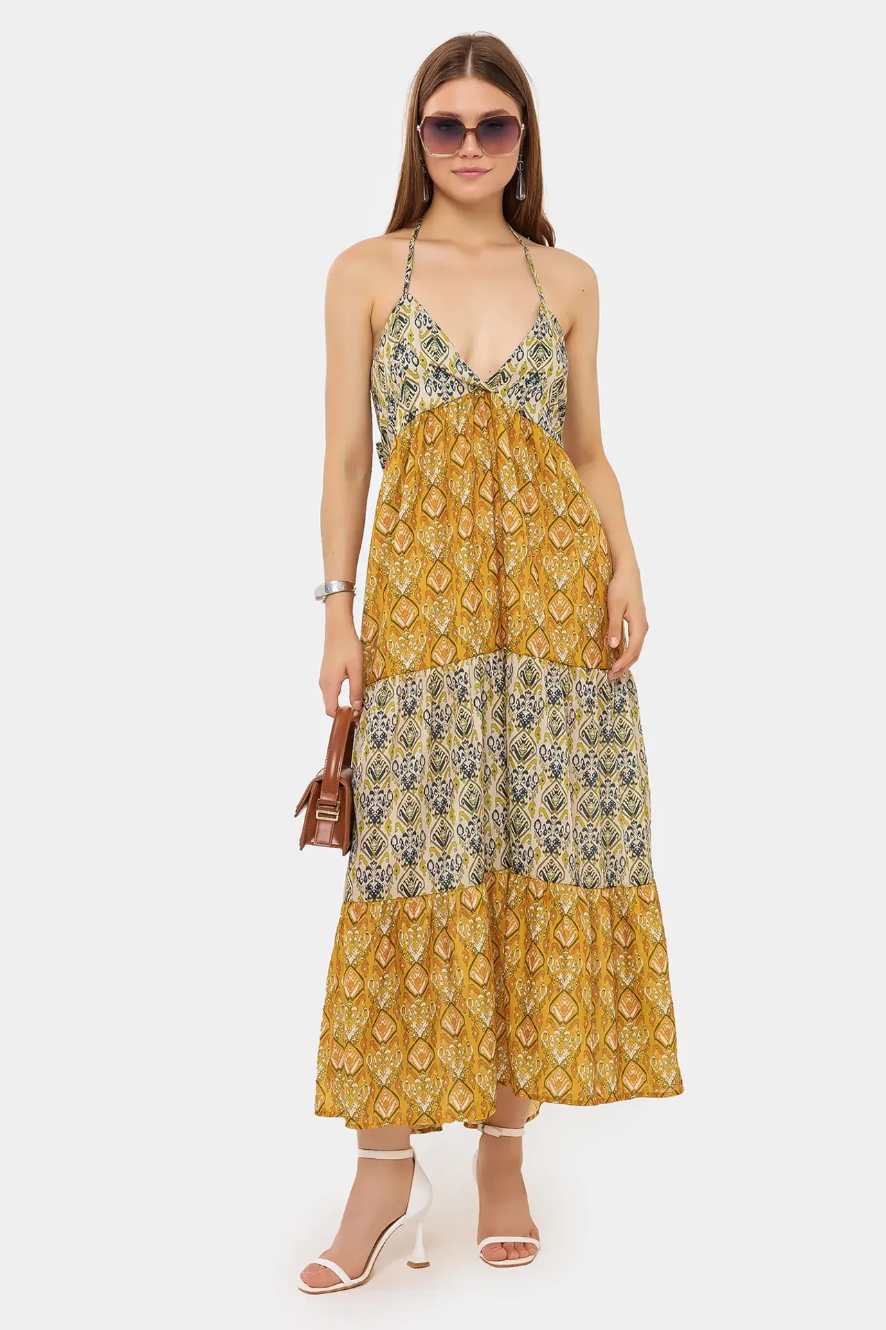 Patterned Maxi Dress with Tie-Back