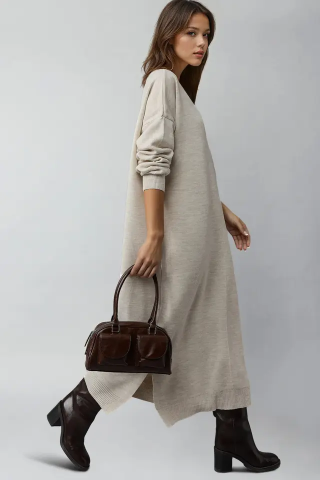 MY FASHION Textured Ribbed Long Knit Dress with Slit Detail