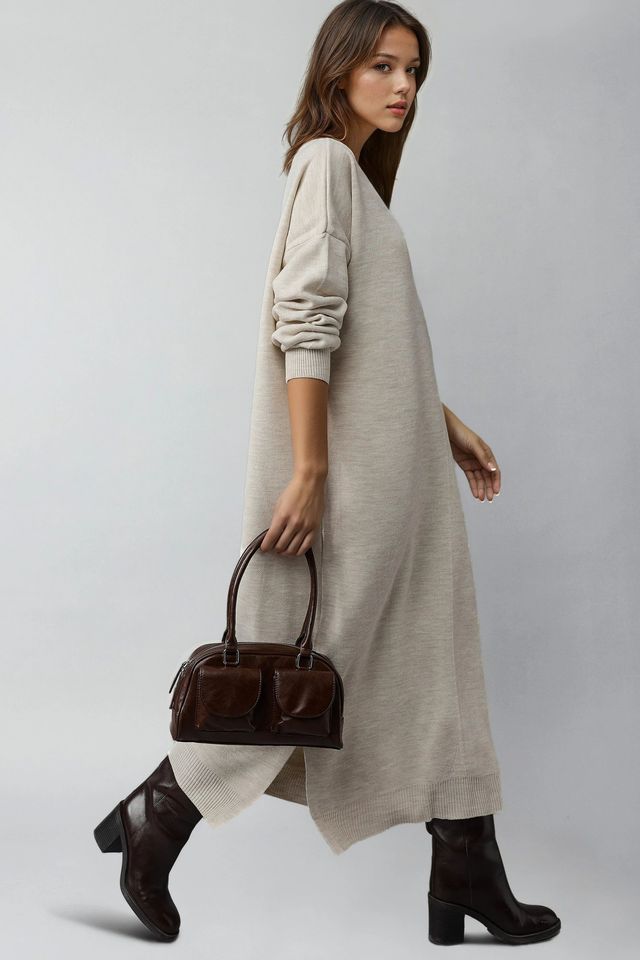 MY FASHION Textured Ribbed Long Knit Dress with Slit Detail
