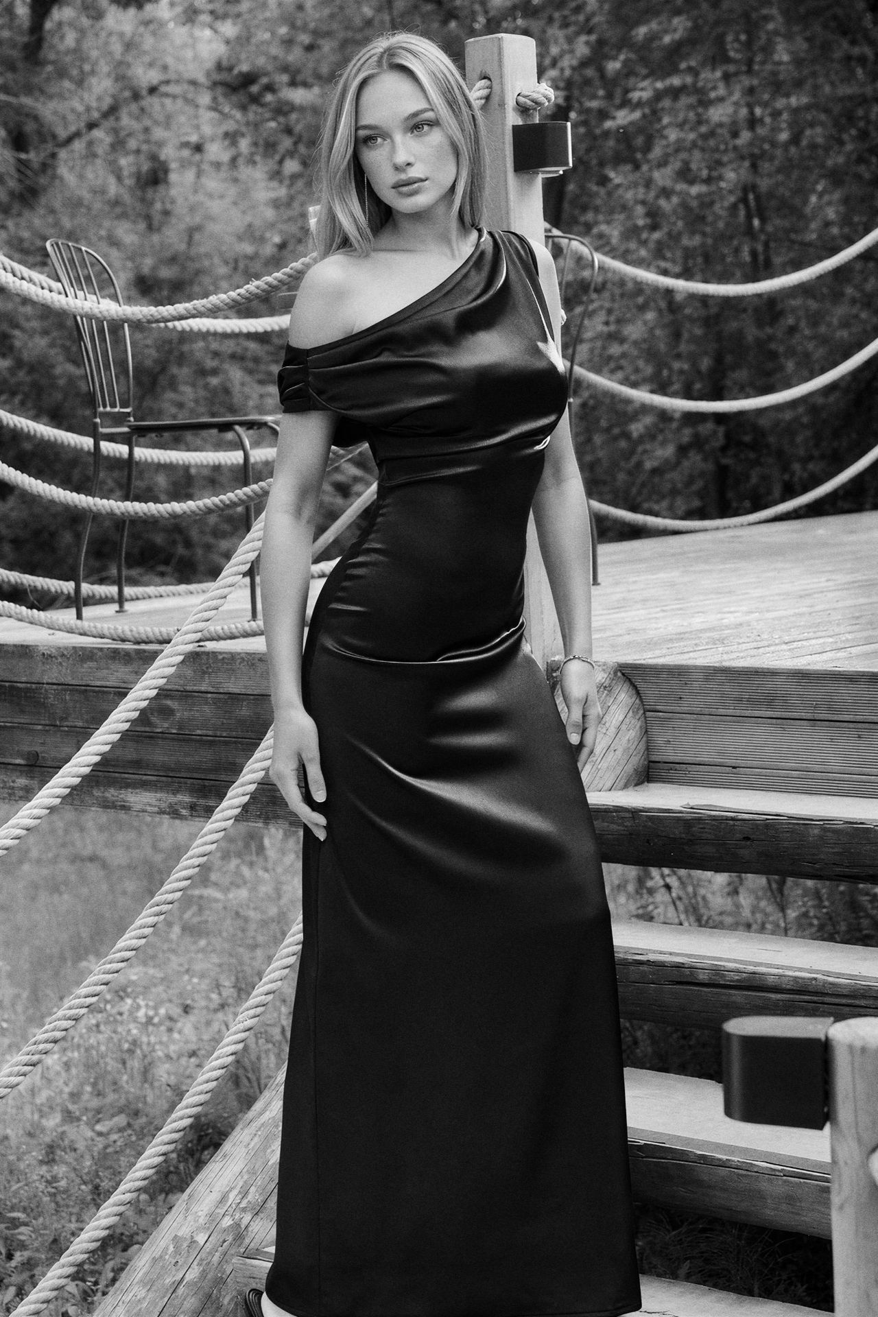Asymmetrical Collar Bodycon Satin Maxi Dress 2
