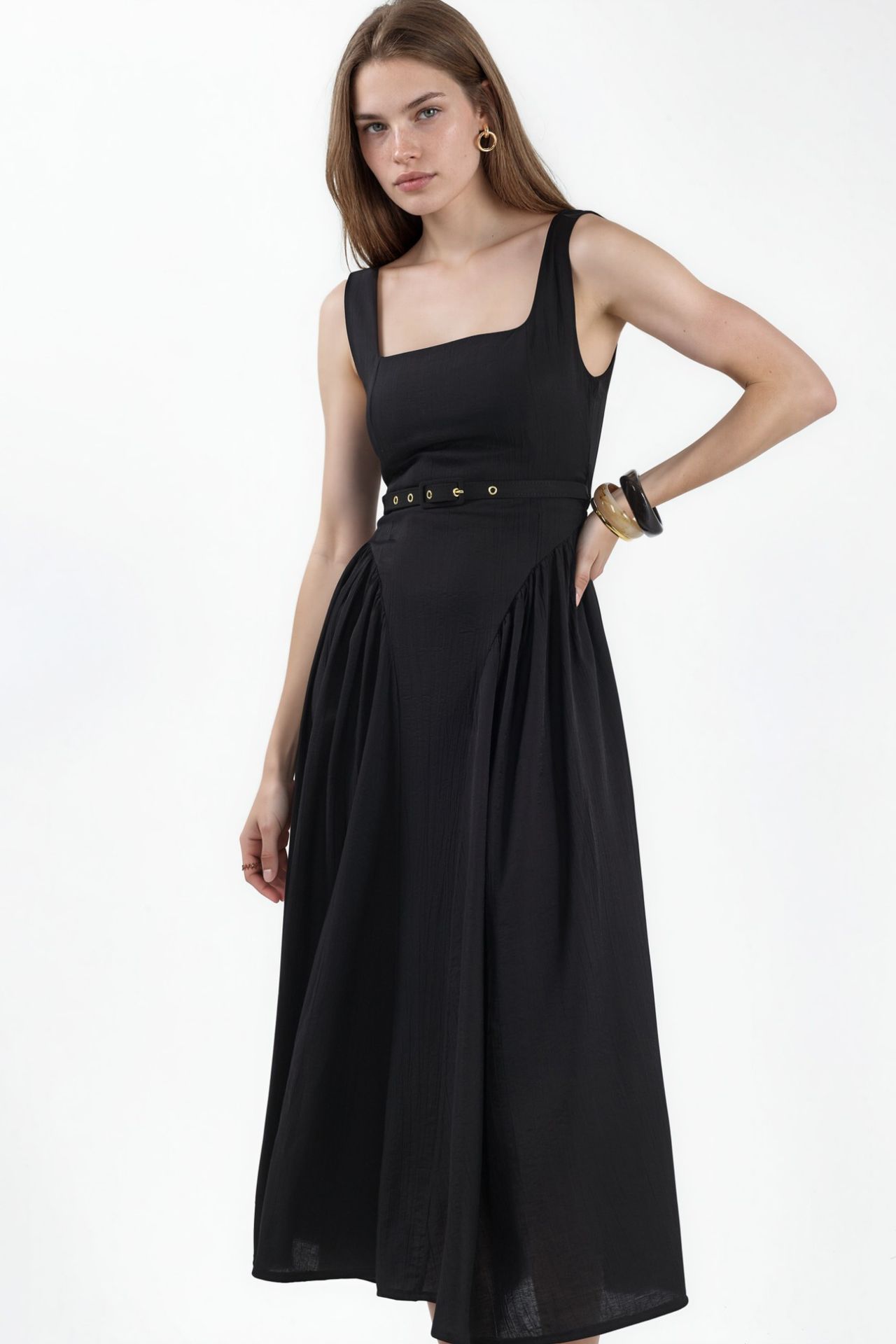 BUSEM Square Collar Belted Midi Dress 1
