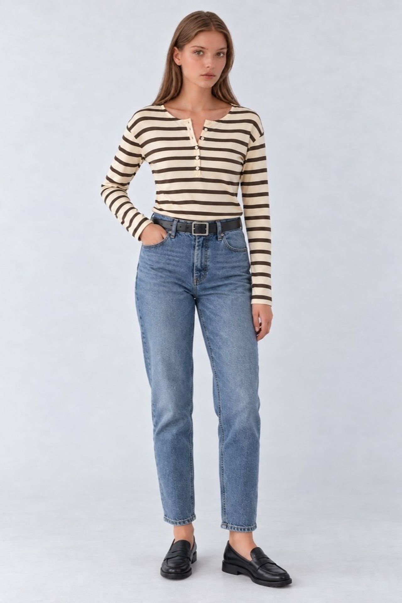 Striped Button Neck T-Shirt 6