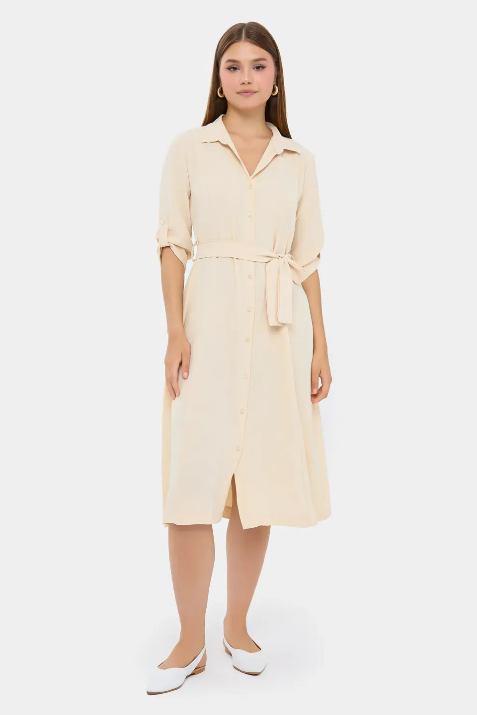 Buttoned Shirt Collar Midi Dress with Front Slit