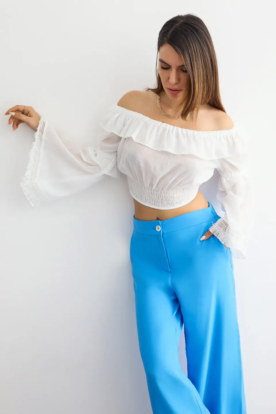 Off-Shoulder Chiffon Ruffled Cropped Blouse