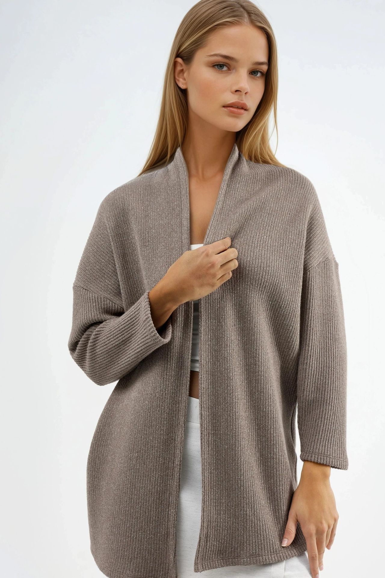 BUSEM Long Ribbed Knit Cardigan with Open Collar 1