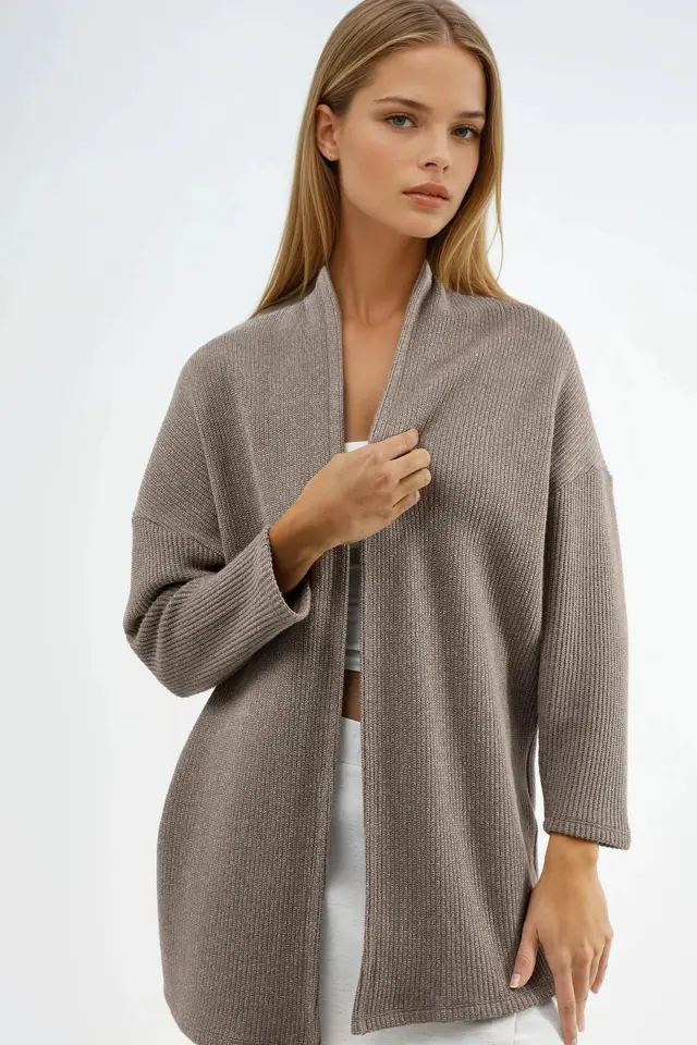 BUSEM Long Ribbed Knit Cardigan with Open Collar