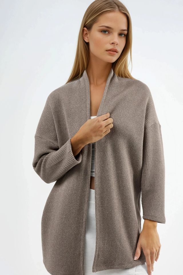 BUSEM Long Ribbed Knit Cardigan with Open Collar