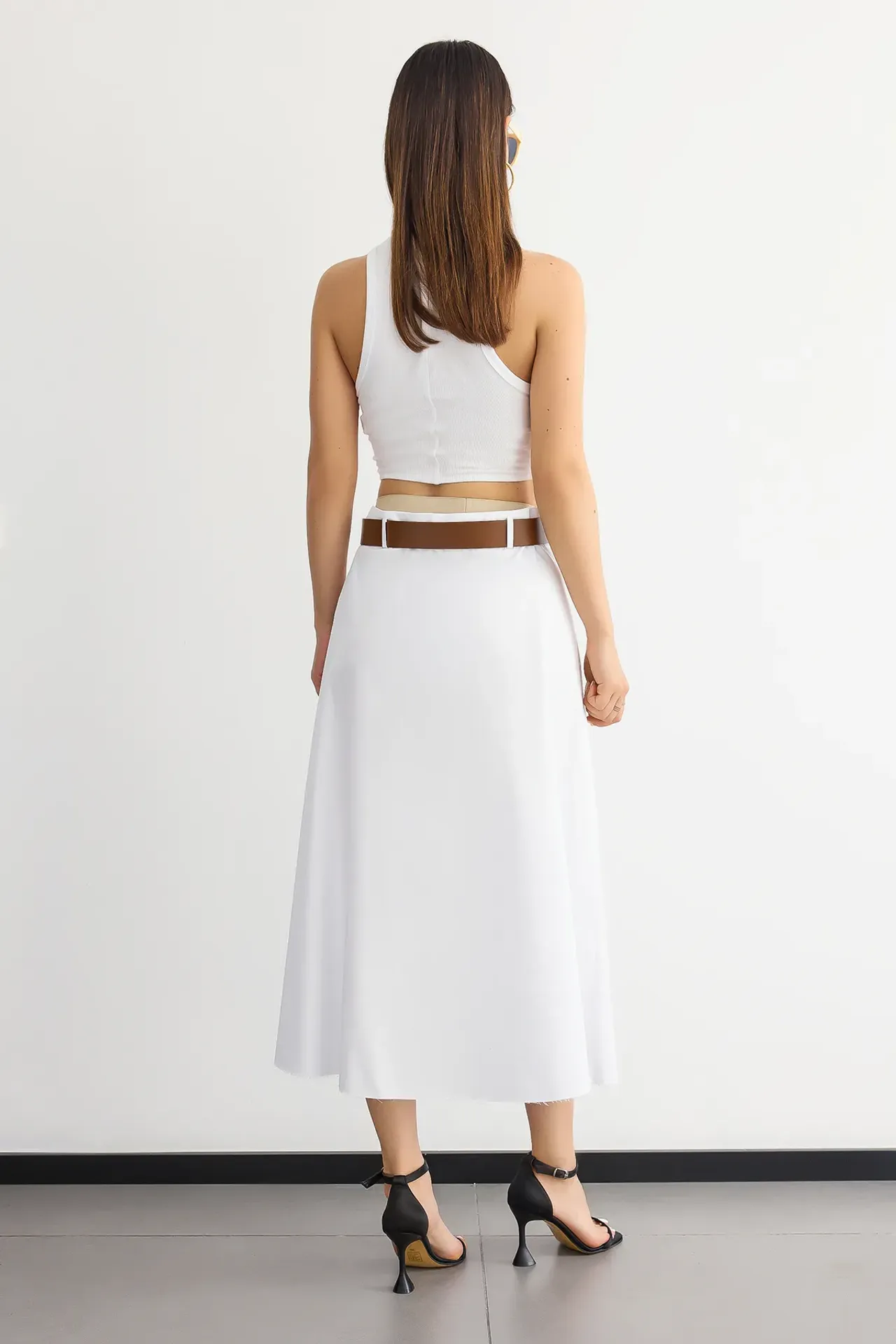 Belt-Detailed High-Waist Cotton Midi Skirt