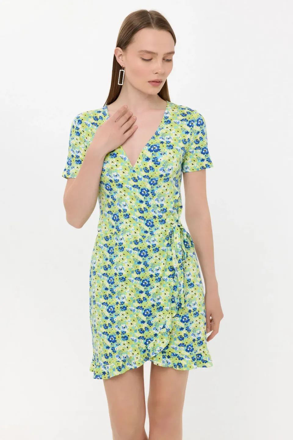Floral Surplice-Neck Ruffled Mini Dress