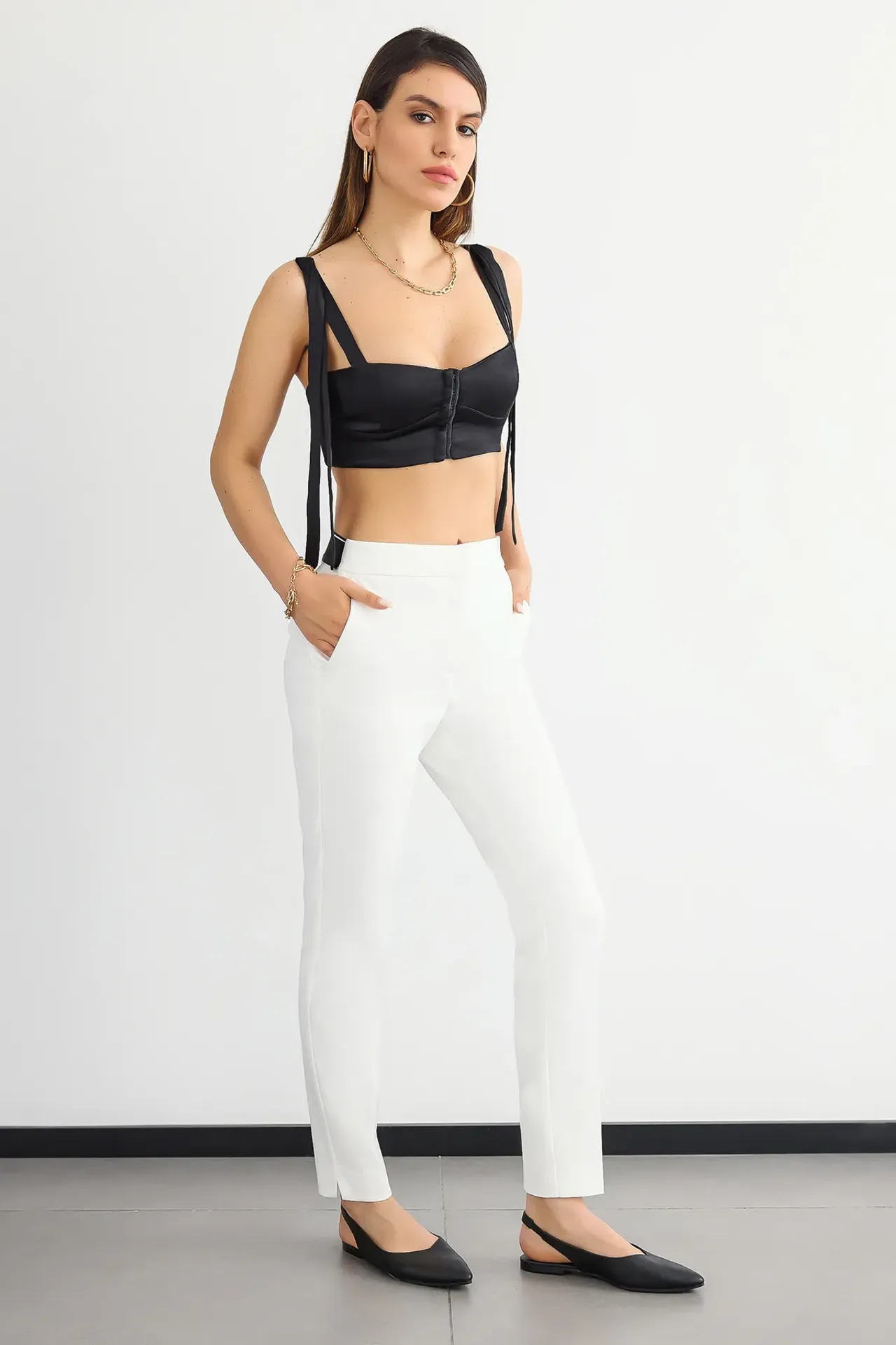 High-Waist Slim Fit Trousers with Belt Detail