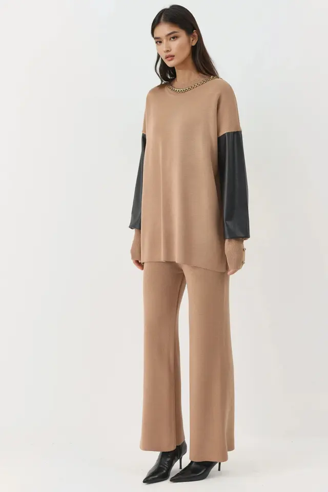MY FASHION Faux Leather Detailed Sweater