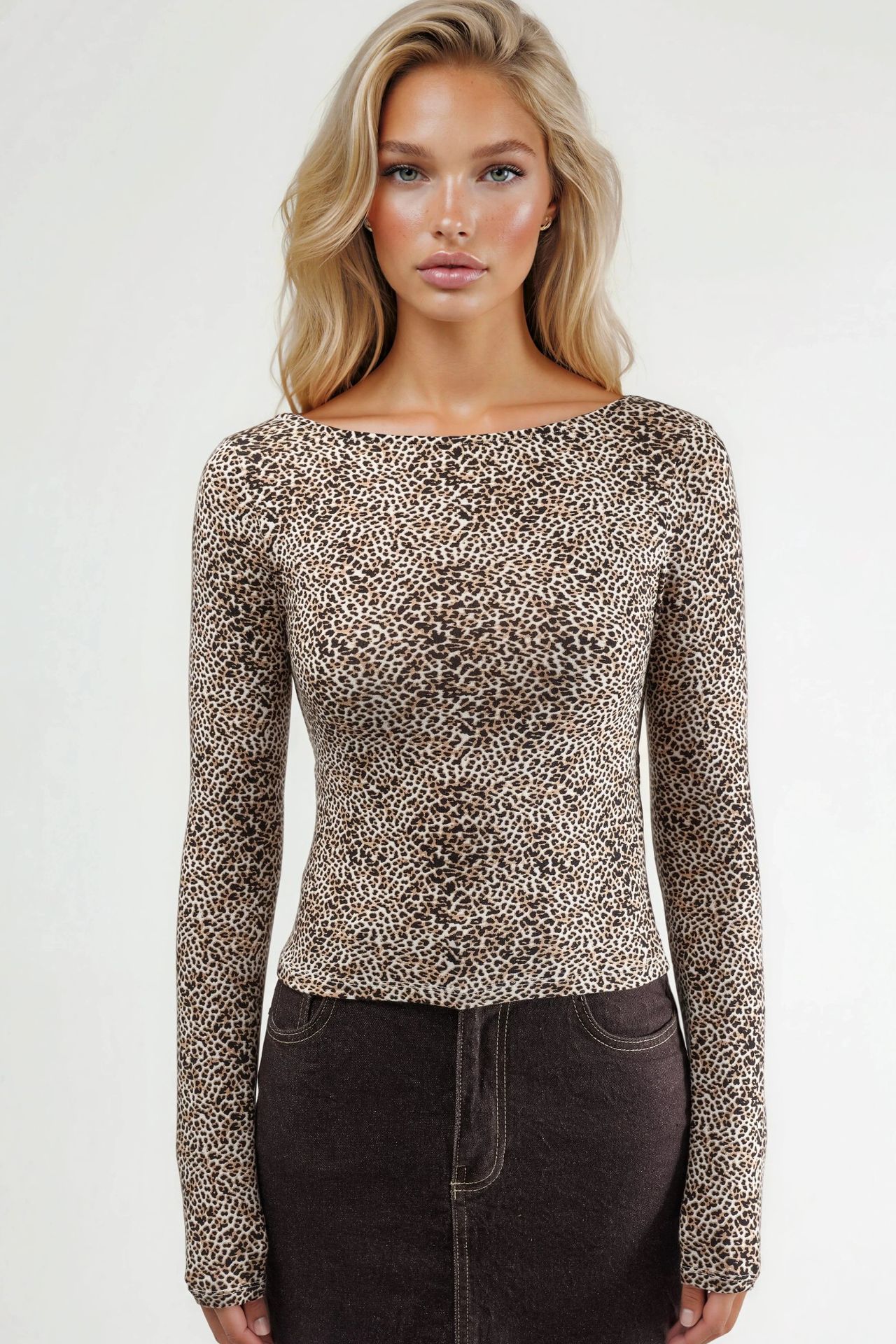 BUSEM Slim Fit Boat Neck Leopard Print Blouse 7