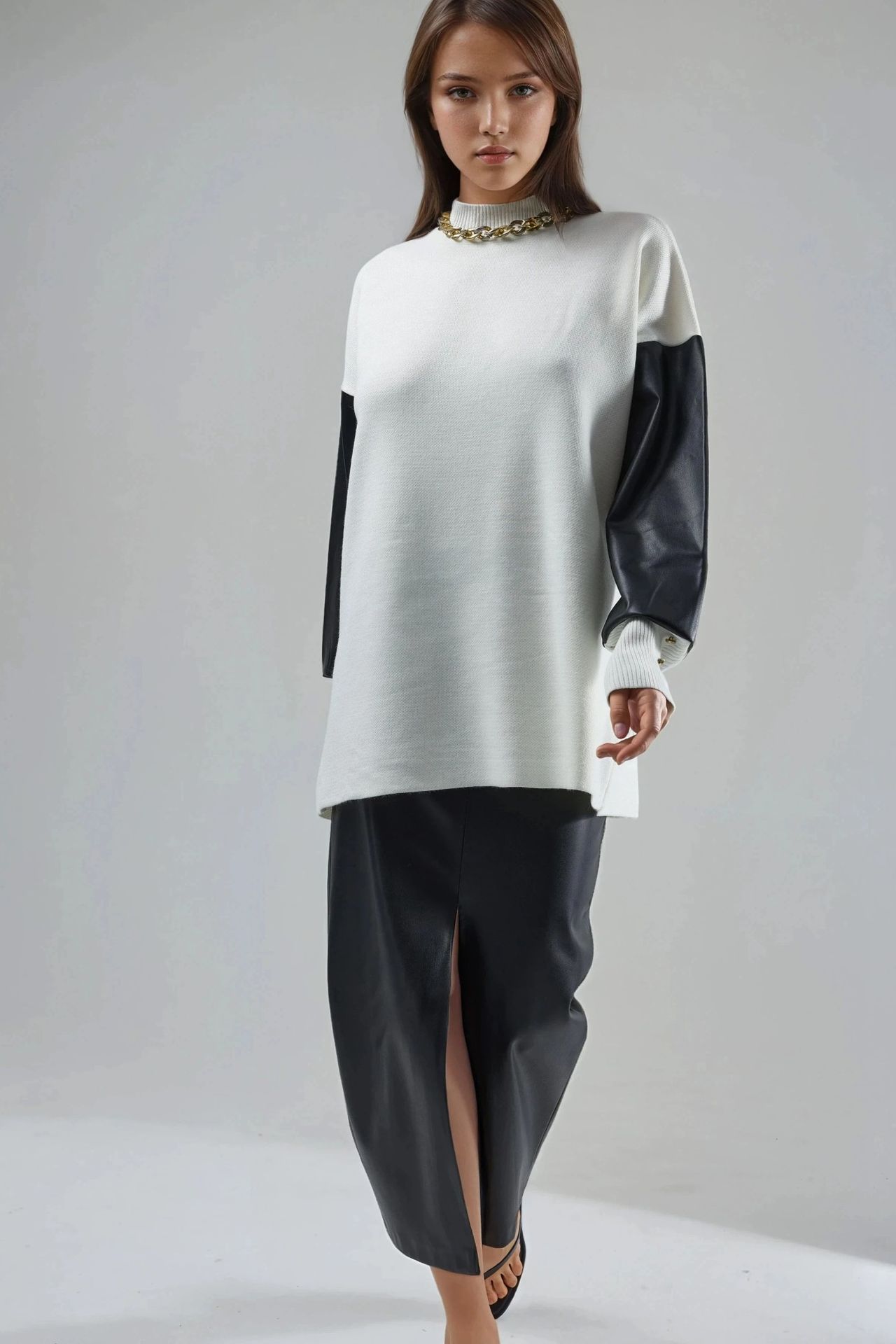 MY FASHION Faux Leather Detailed Sweater 5