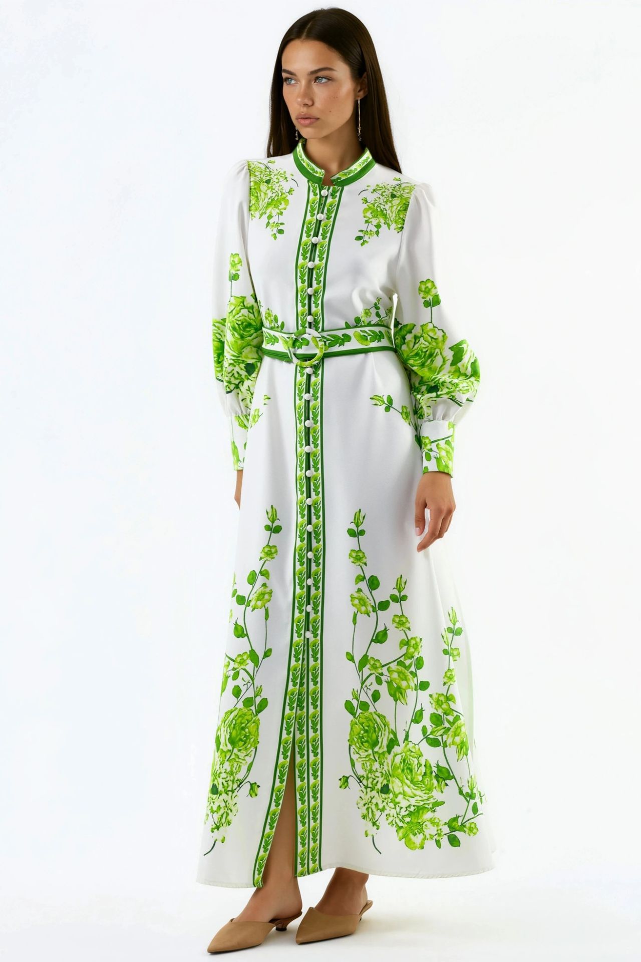 MSN Floral Long Sleeve Belted Maxi Dress with Mandarin Collar 4