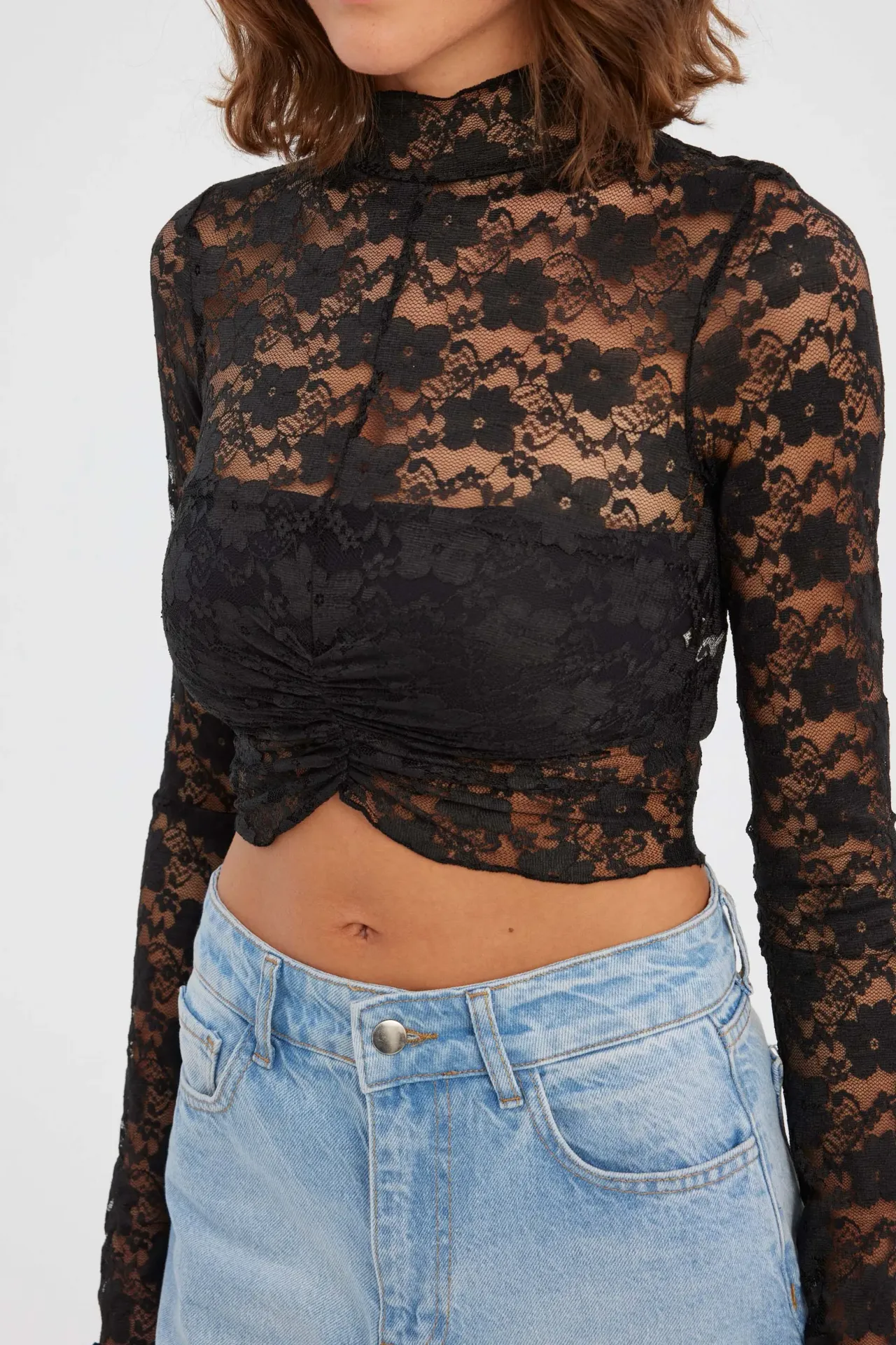 Floral Lace High Neck Long Sleeve Cropped Top