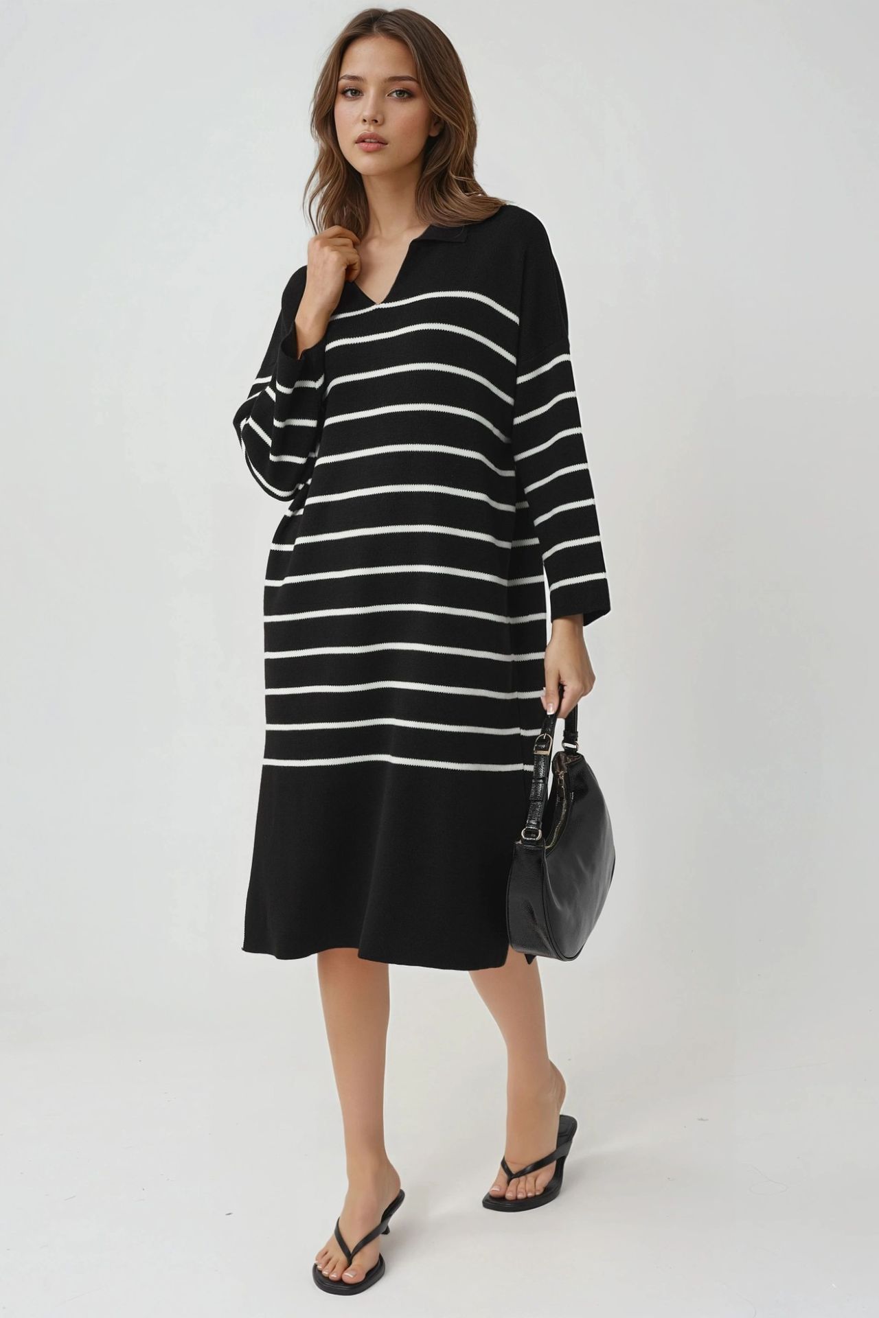 MY FASHION Striped V-Neck Loose Fit Midi Knit Dress with Slit 1