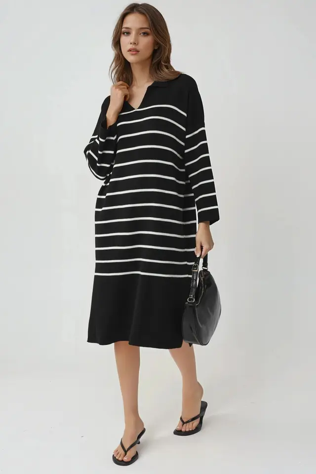 MY FASHION Striped V-Neck Loose Fit Midi Knit Dress with Slit