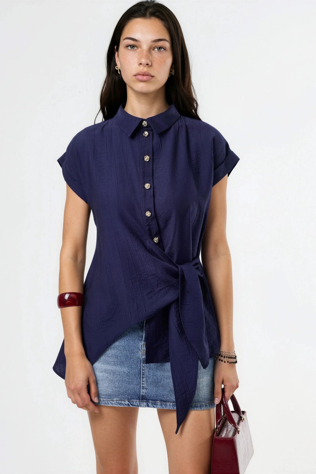 BUSEM Textured Woven Blouse with Tie Detail 1