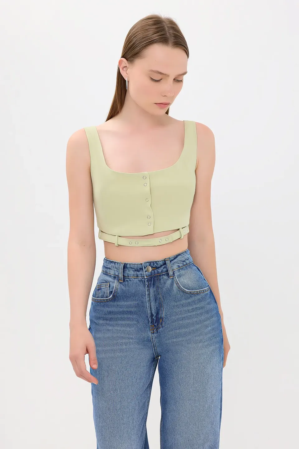 Square Neck Buttoned Cami Tank Top with Belt Detail