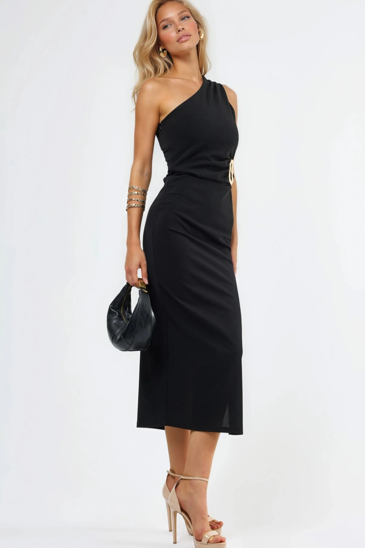 BUSEM Asymmetrical Collar Midi Dress with Accessory Details 4