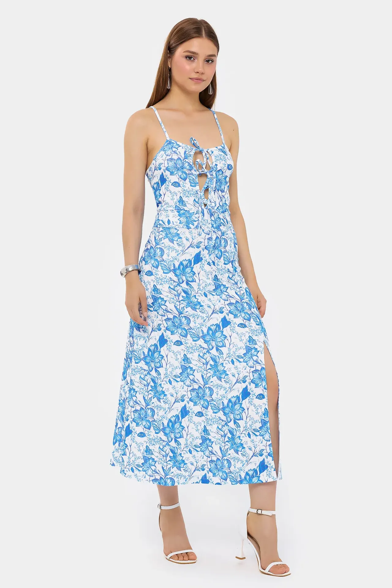 Floral Woven Midi Dress with Tie-Front