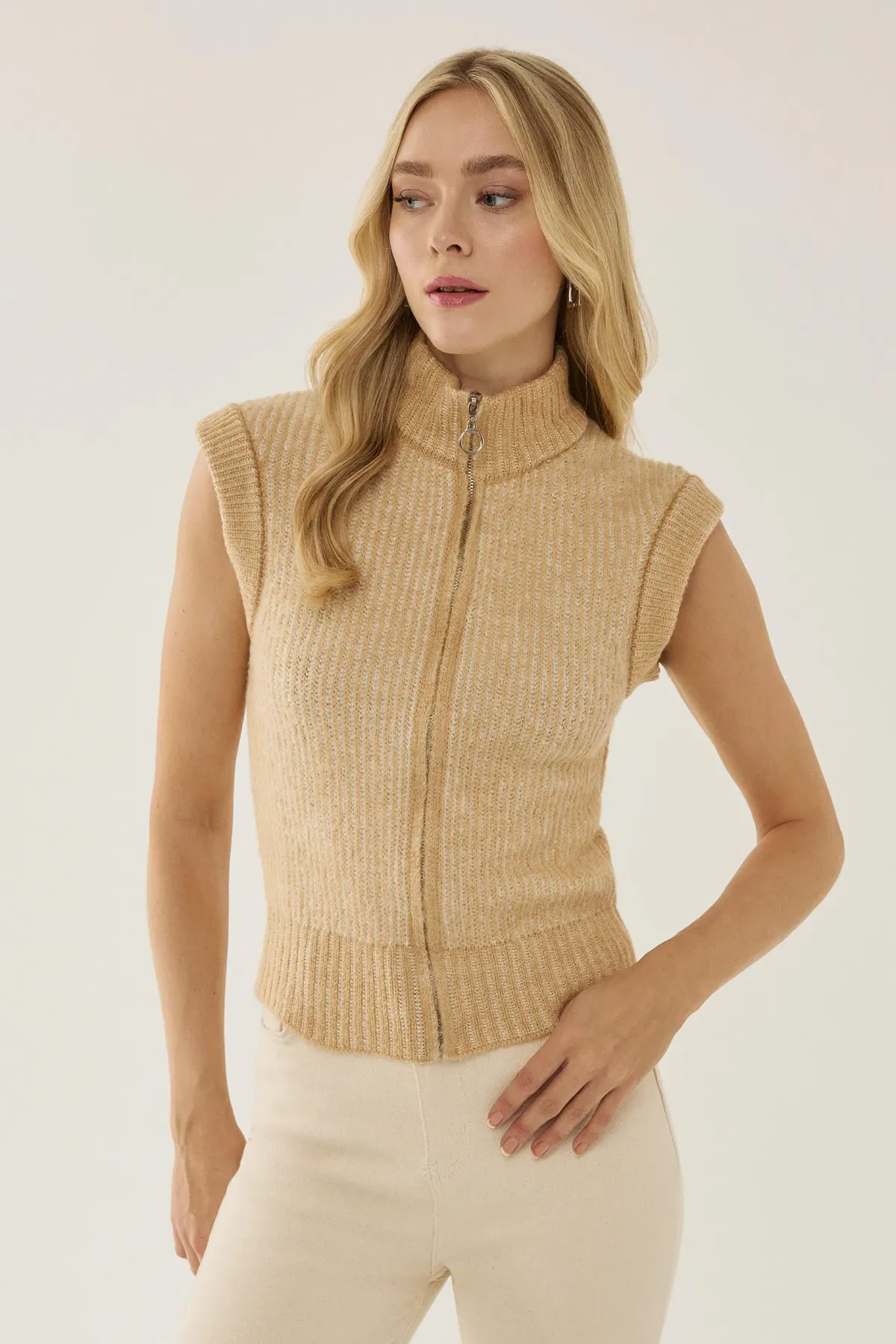 Striped Zip-Through Sleeveless Knit Vest 3
