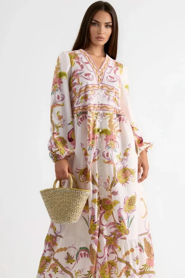 MSN Belted Printed Maxi Dress with V-Neck