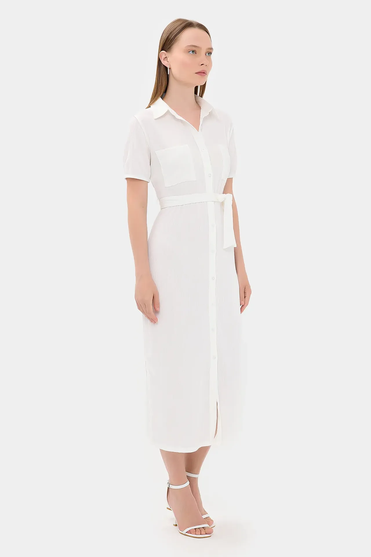 Midi Belted Shirt Dress with a Front Slit