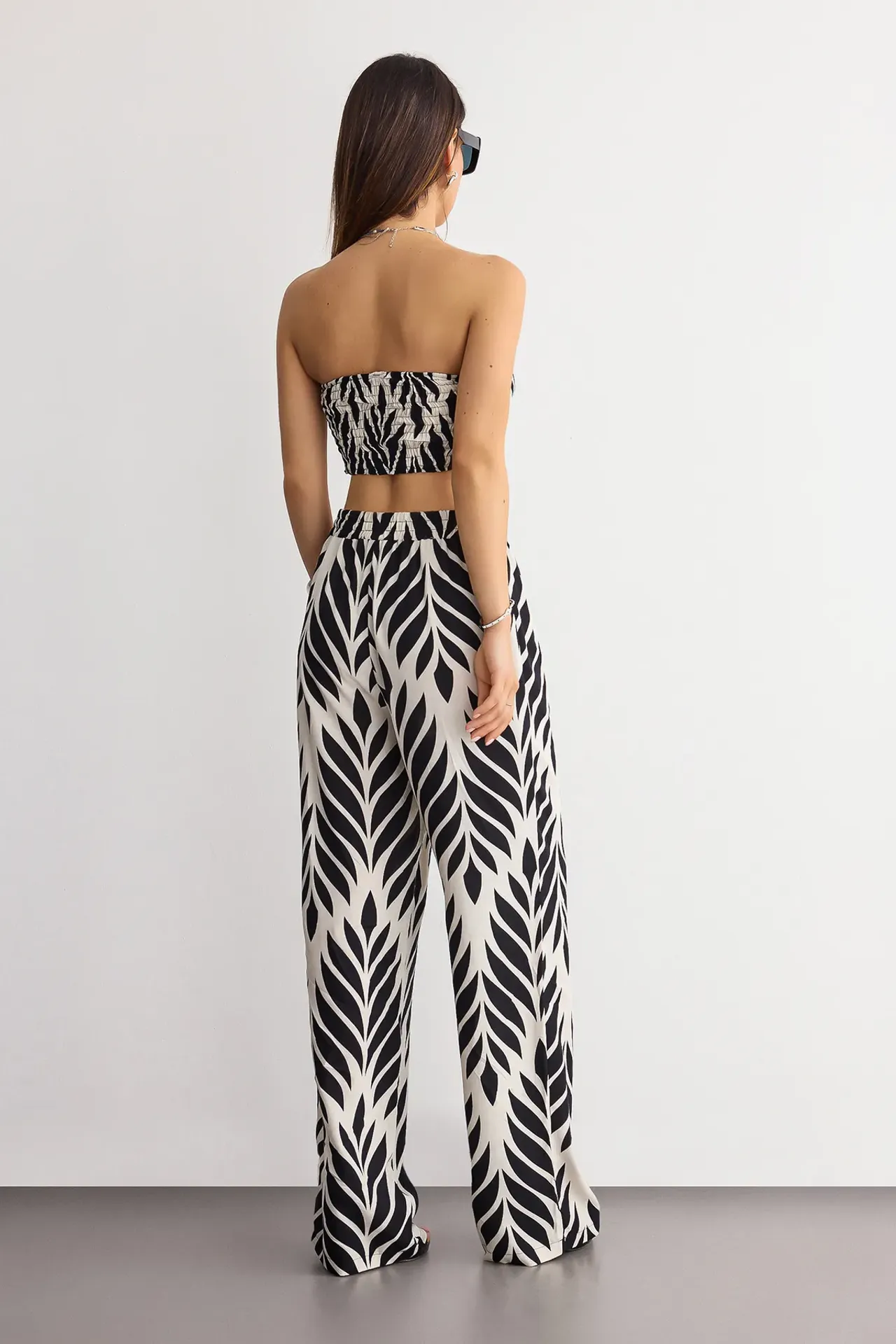Patterned Wide-Leg Trousers with Boho Details
