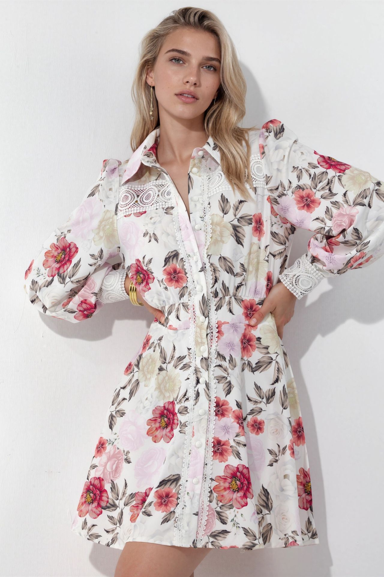 MSN Floral mini shirt dress with lace detail 1
