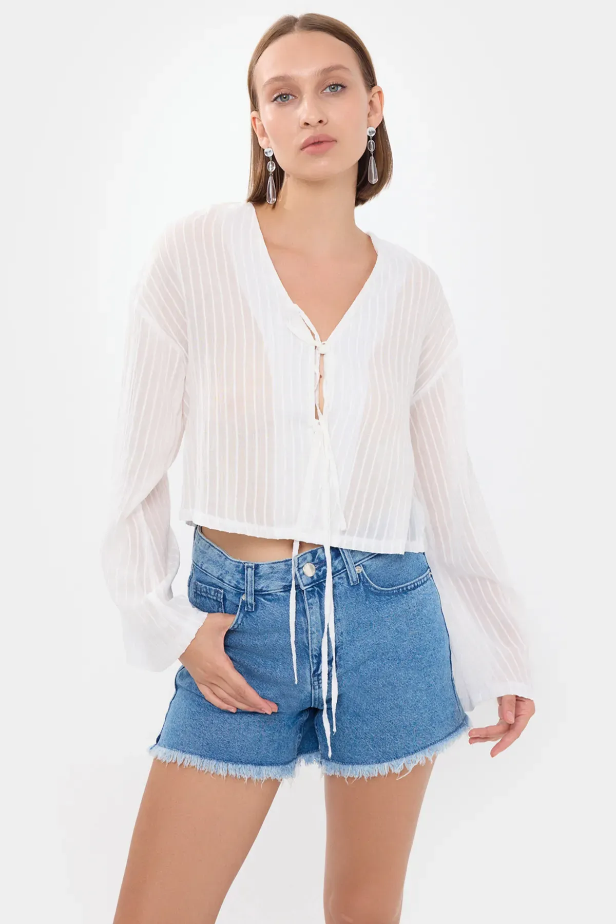 Striped Mesh V-Neck Blouse with Tie-Front 4