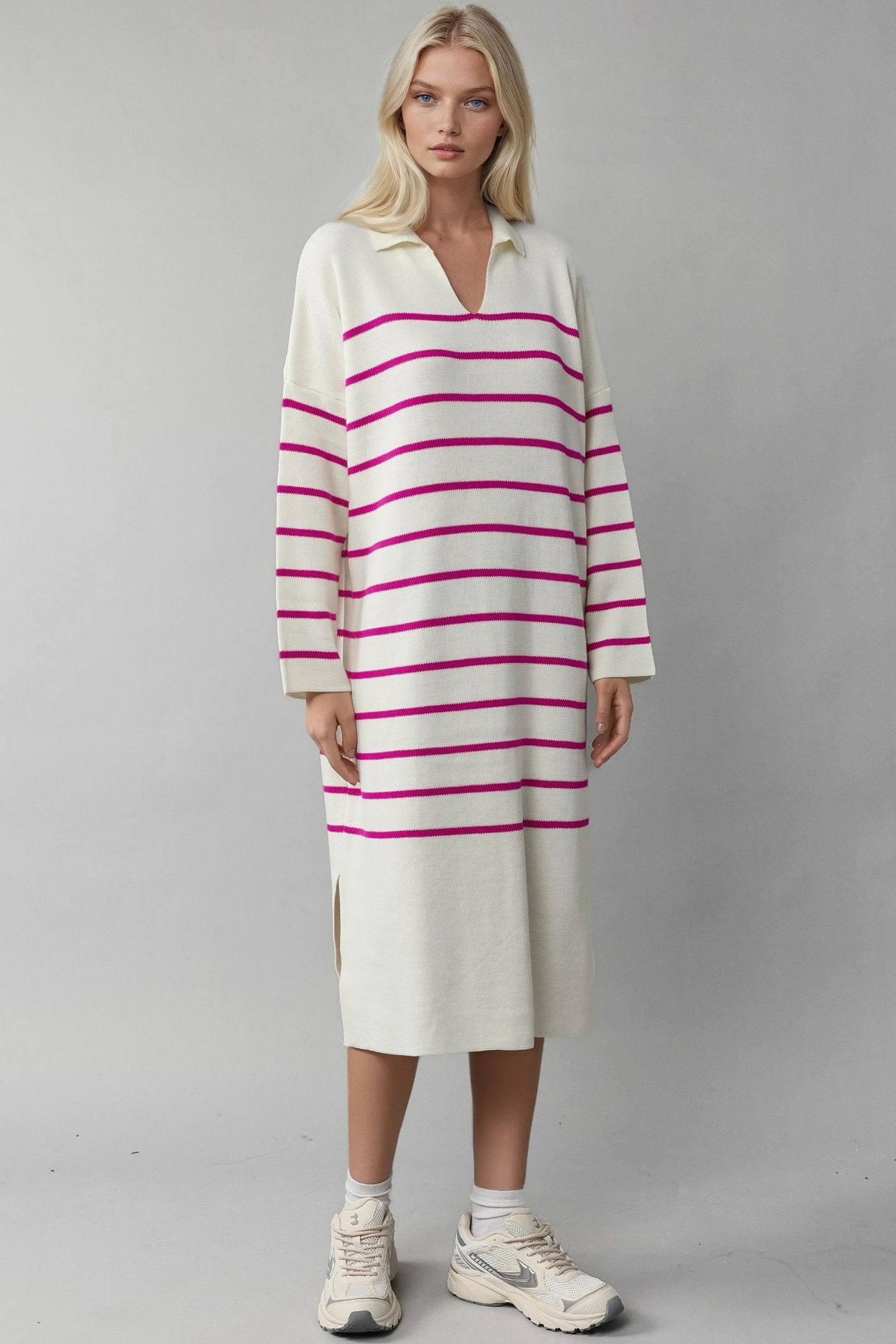 MY FASHION Striped V-Neck Loose Fit Midi Knit Dress with Slit 5