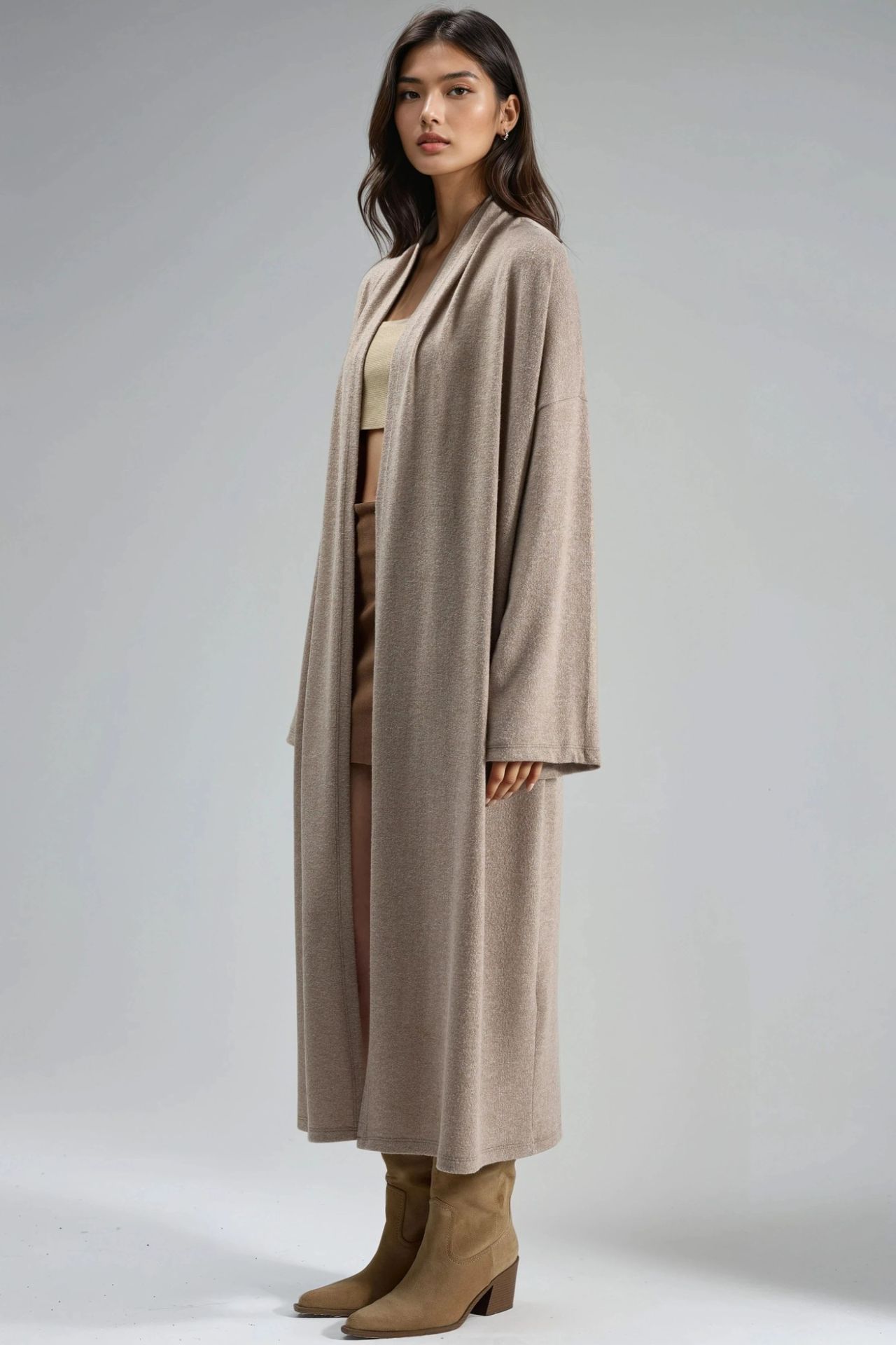 BUSEM Relaxed Fit Longline Open-Front Shawl Collar Knit Cardigan