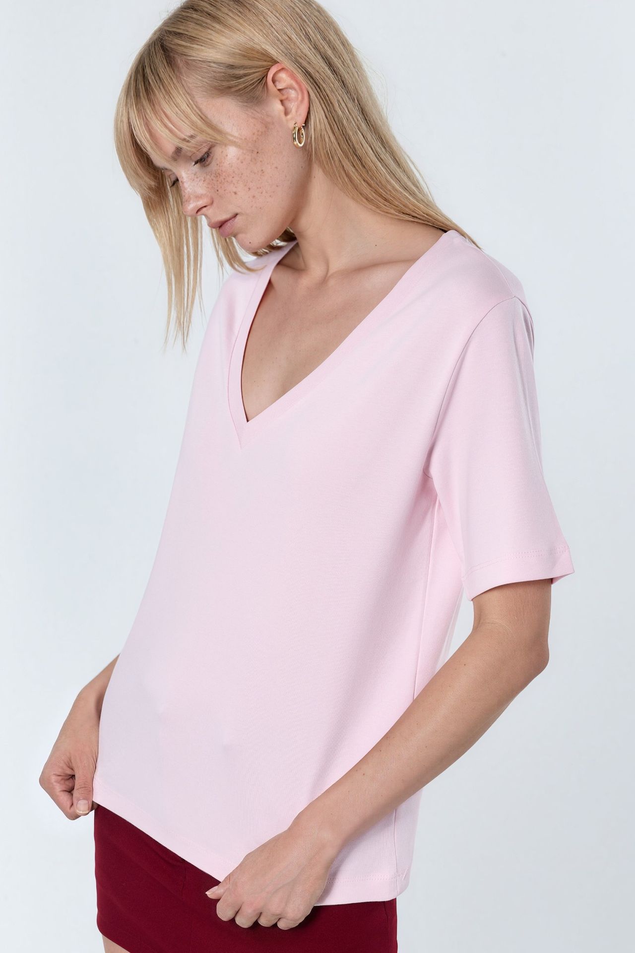BUSEM V-Neck Solid Regular Fit Cotton T-Shirt 1