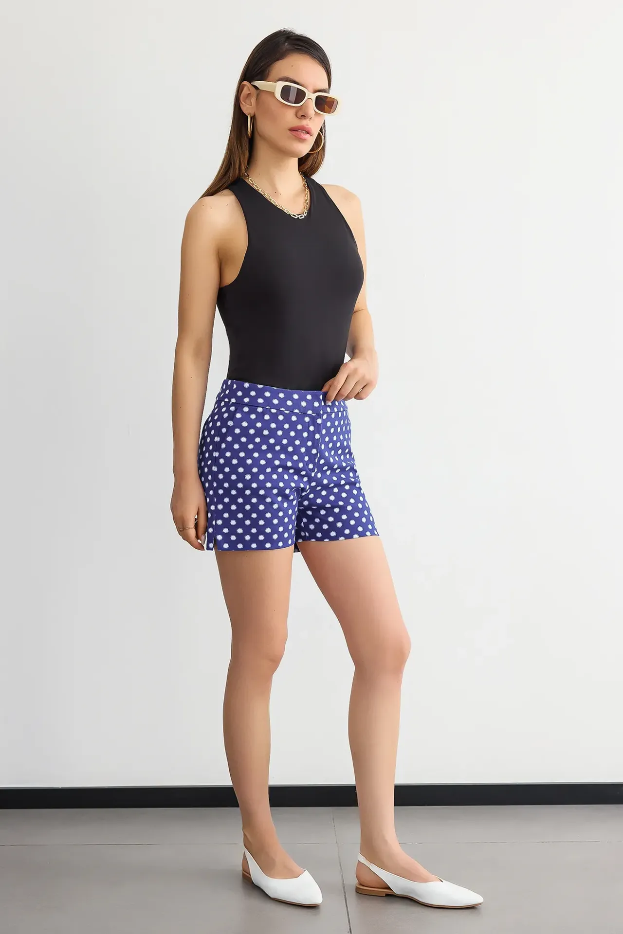 Checked High-Waist Elastic Waist Shorts