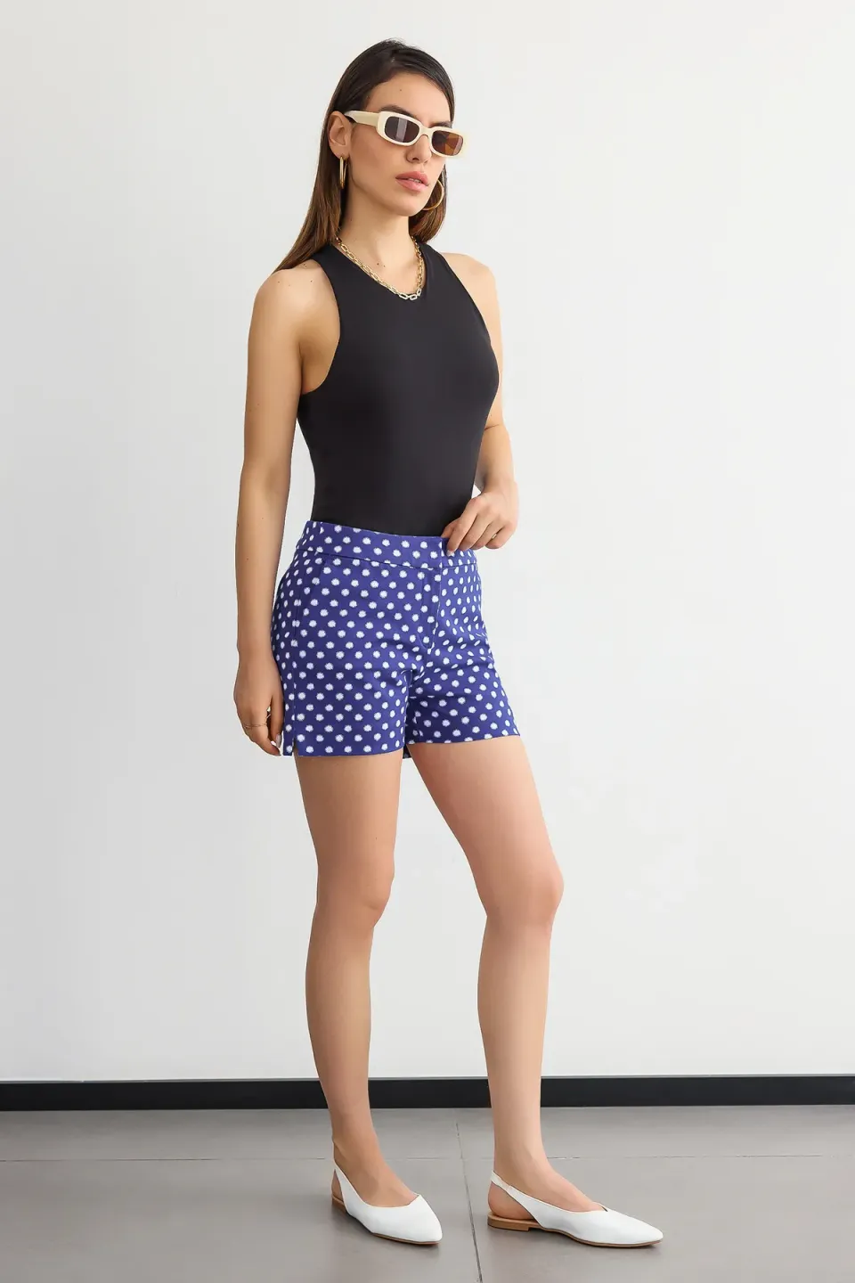 Checked High-Waist Elastic Waist Shorts