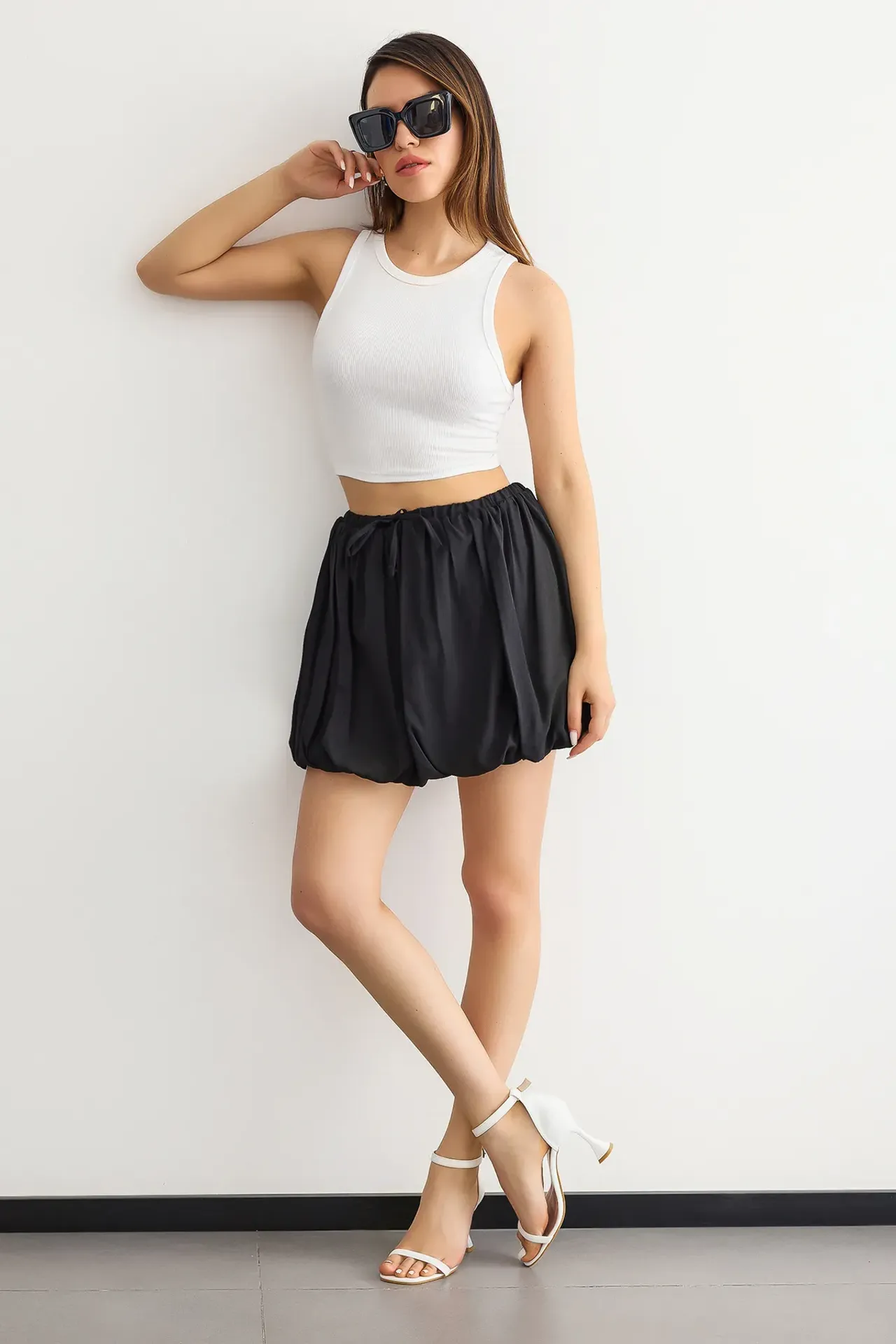 Pleated Satin Balloon Skirt with Drawstring