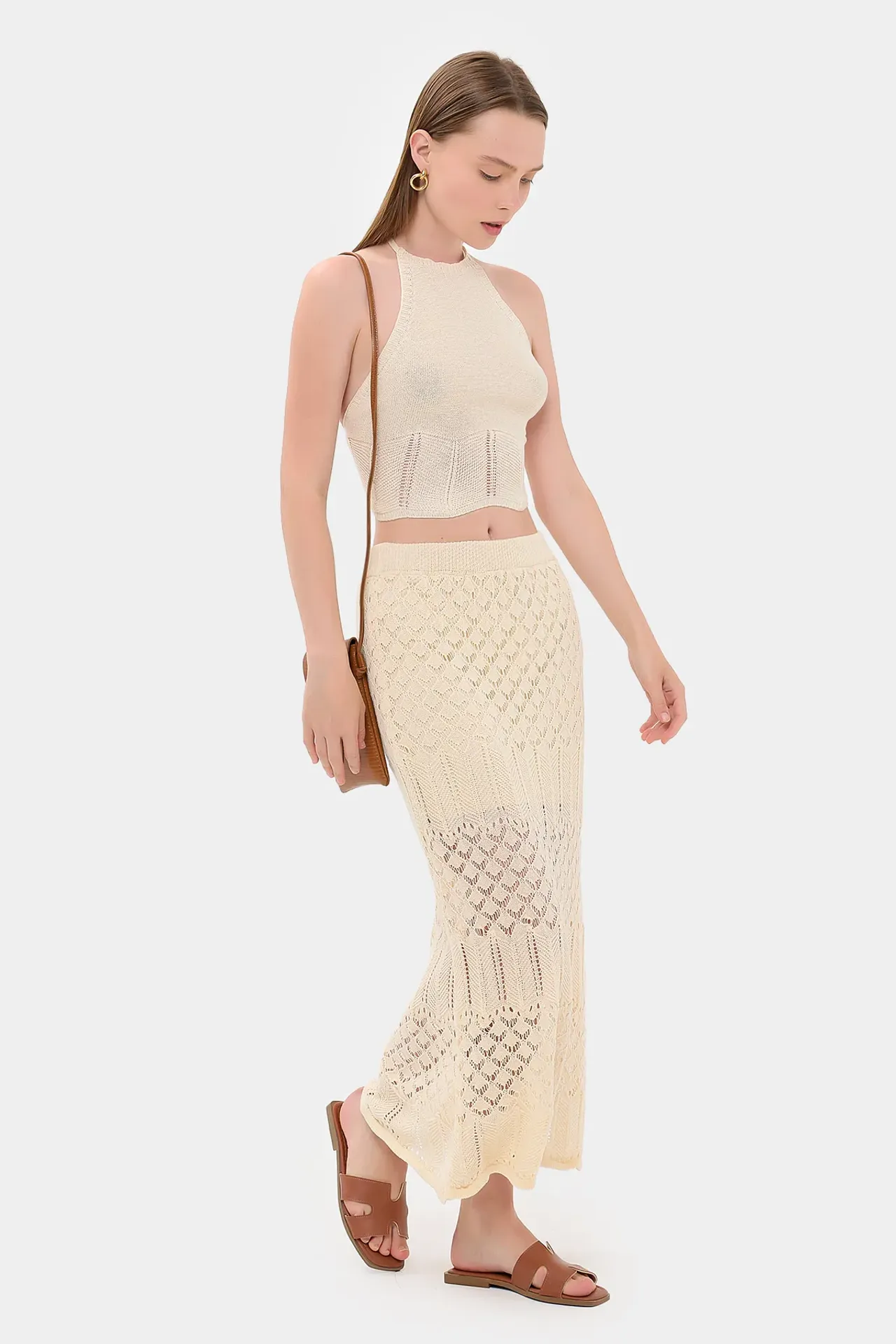 2 Pieces: High Neck Crochet Sleeveless Crop top & High Waist Crochet Maxi Skirt