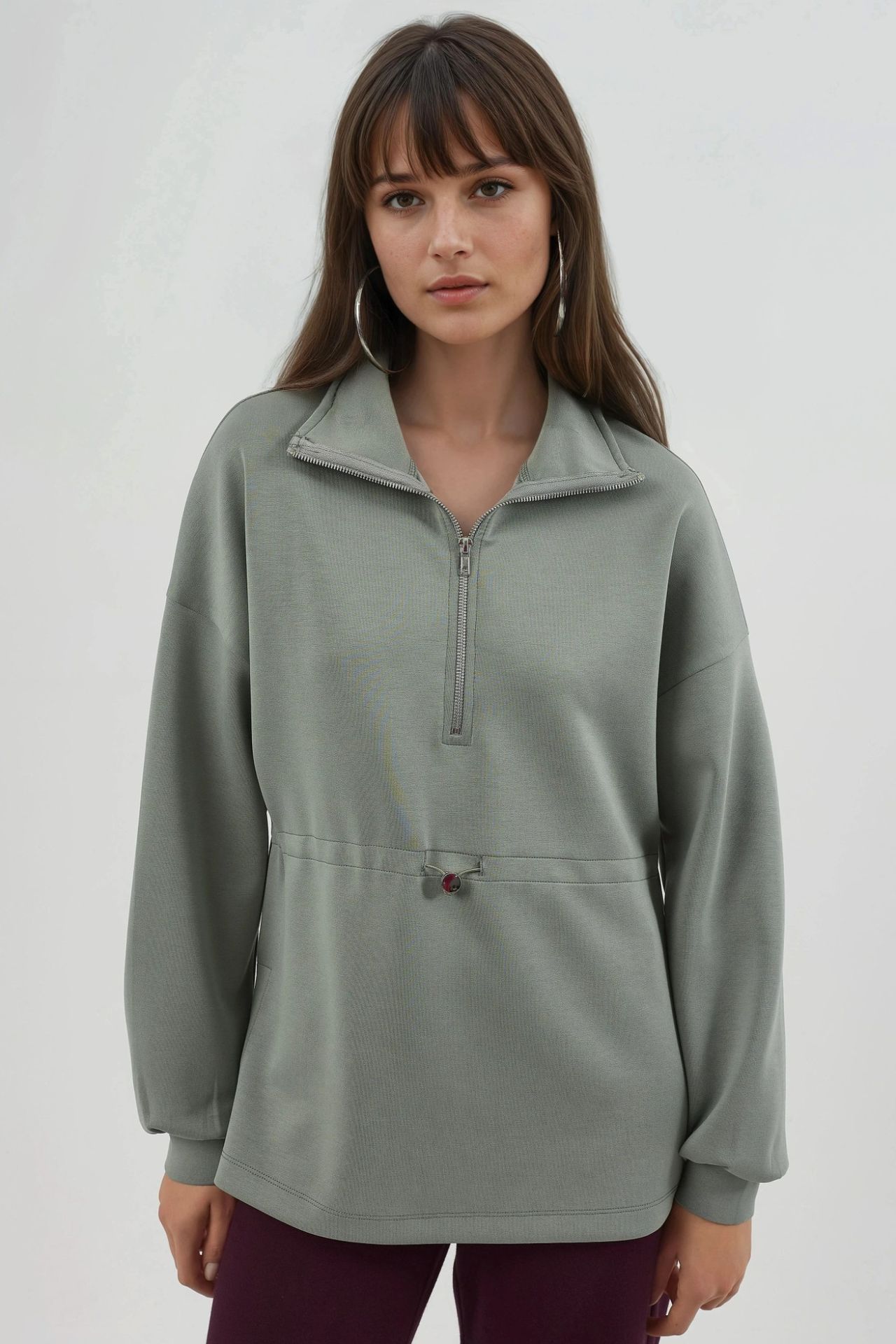 BUSEM Zipper Collar Sweatshirt with Adjustable Waist