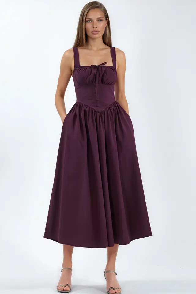 BUSEM Midi Dress with Square Collar and Button Detail