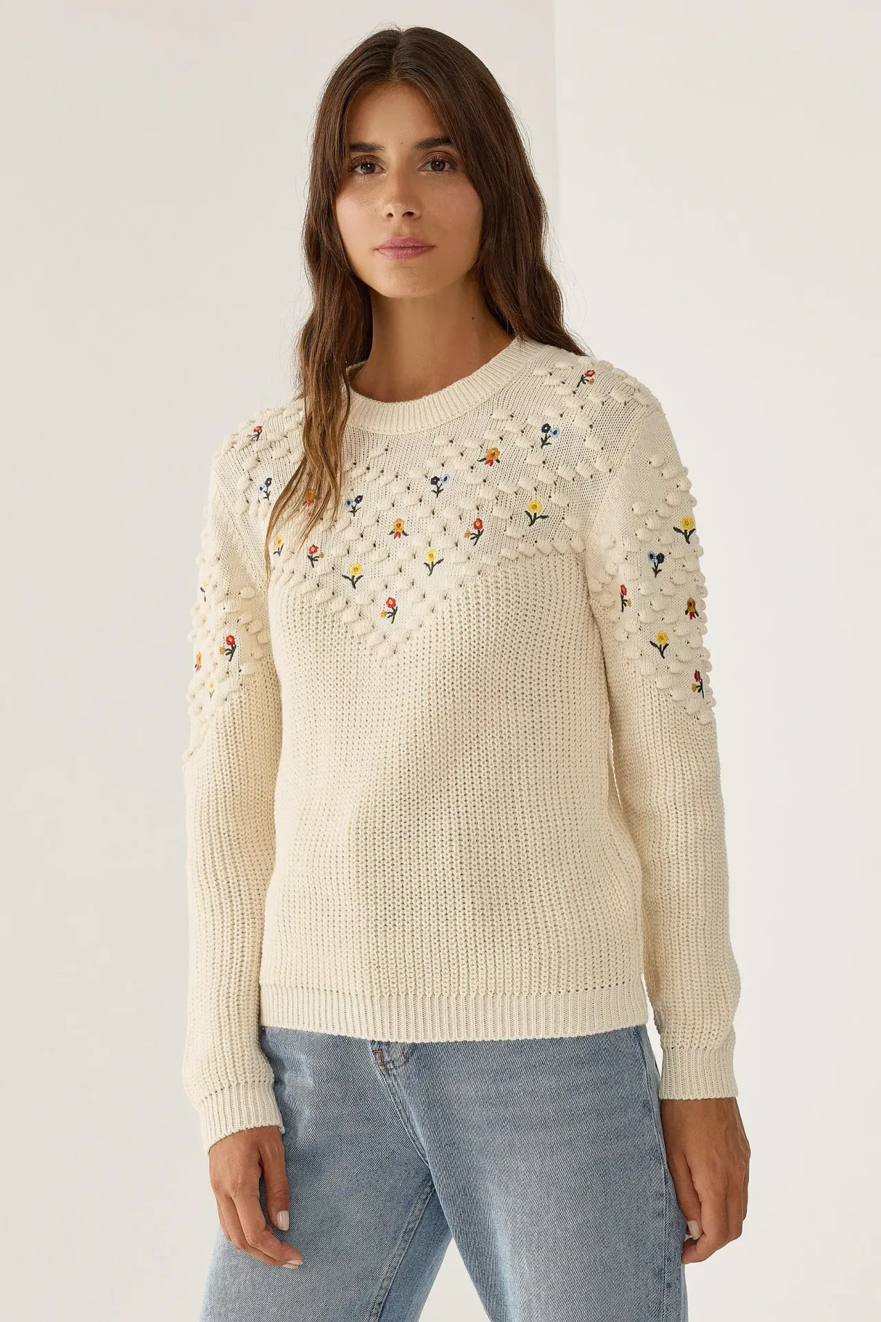 Flower Embroidered Jacquard Knit Sweater