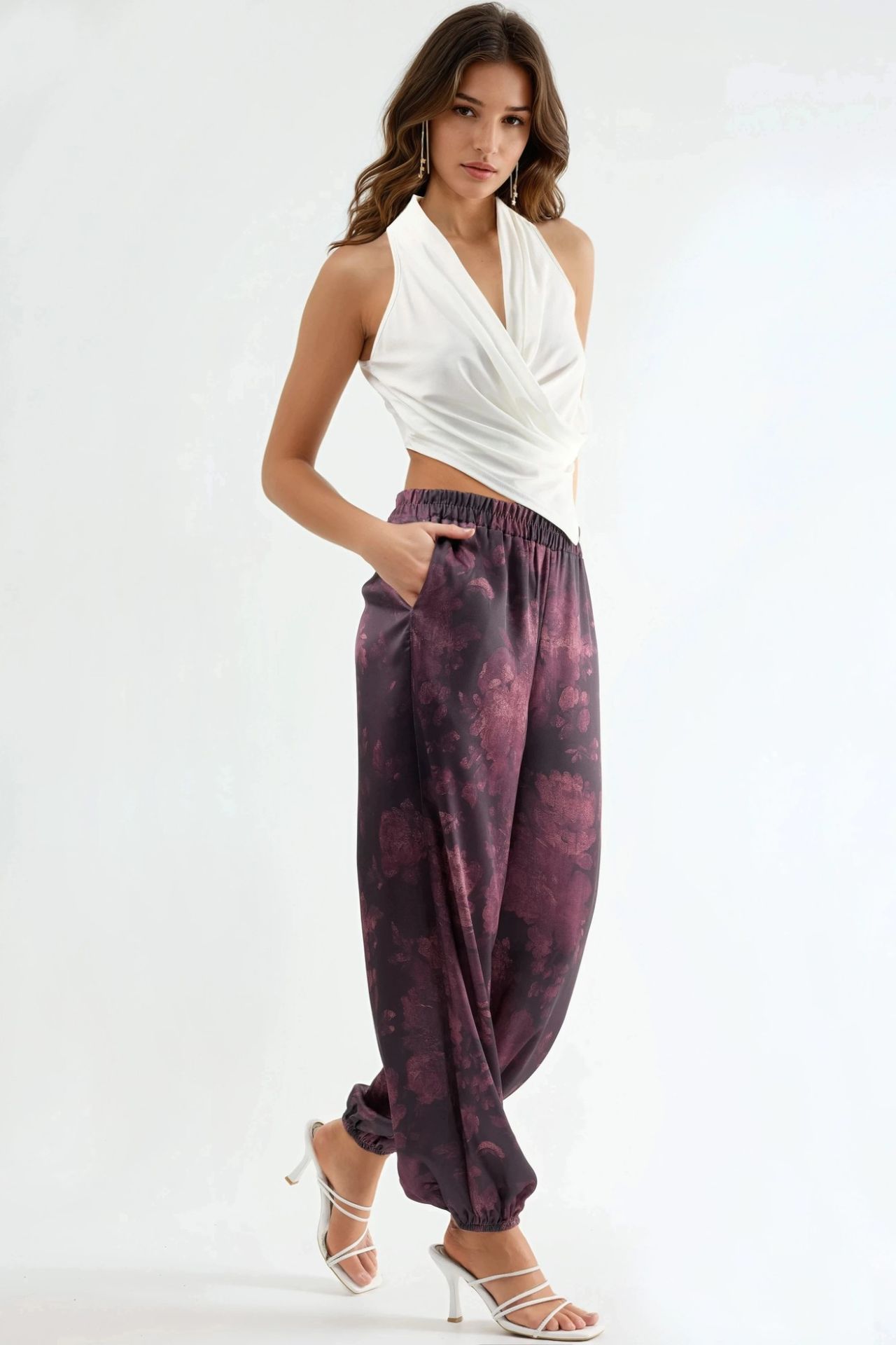 QU STYLE Patterned Baggy Fit Elastic Leg Pants with Pockets 4