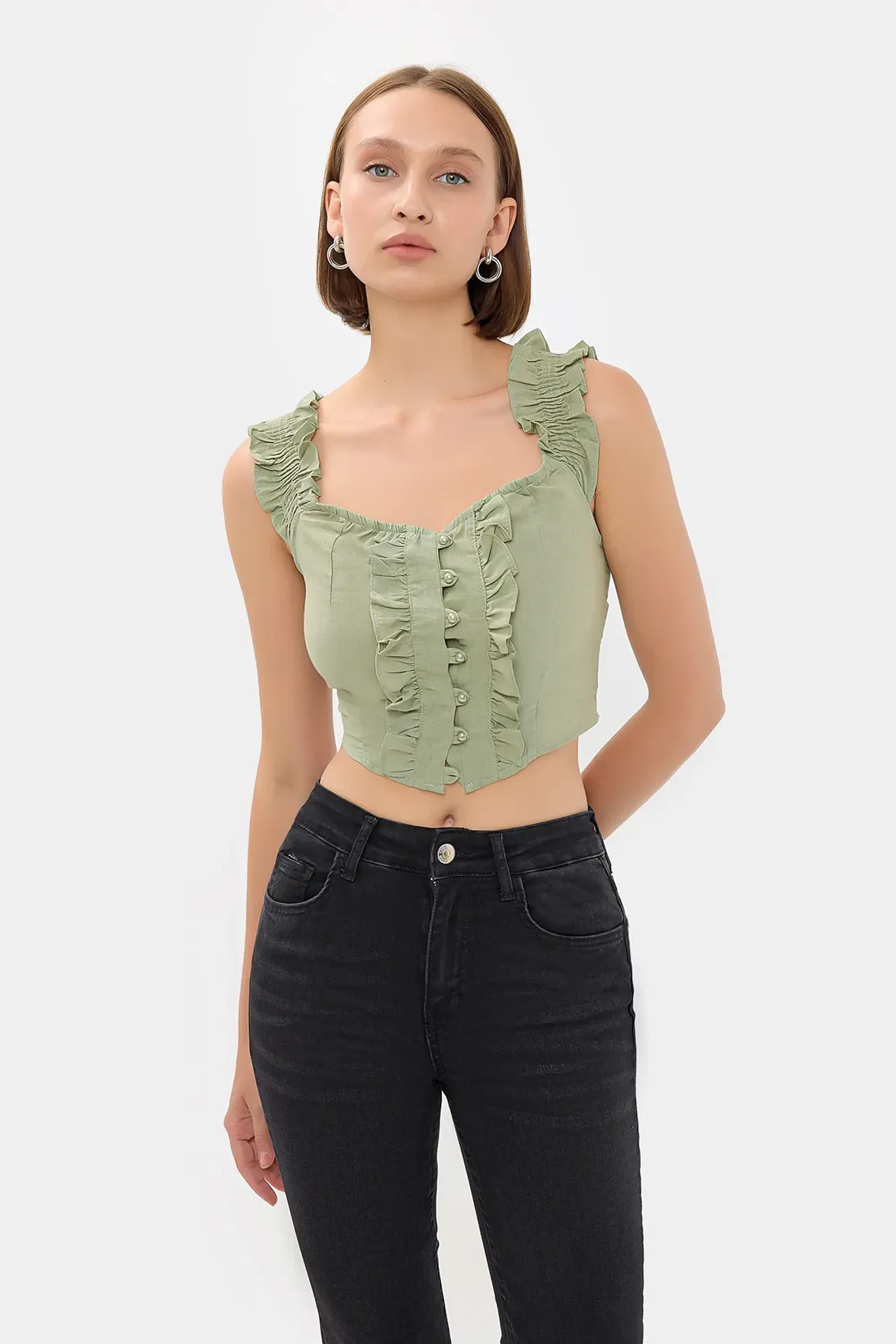 Sweetheart Neck Cotton Ruffled Crop Top