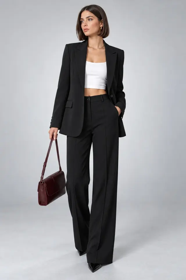 Single-Button Blazer and Pants Suit Set