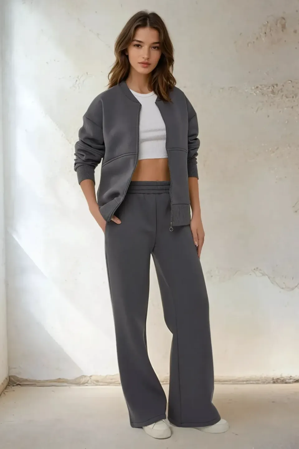 High Waist Wide Leg Pants & Zippered Hoodie Set