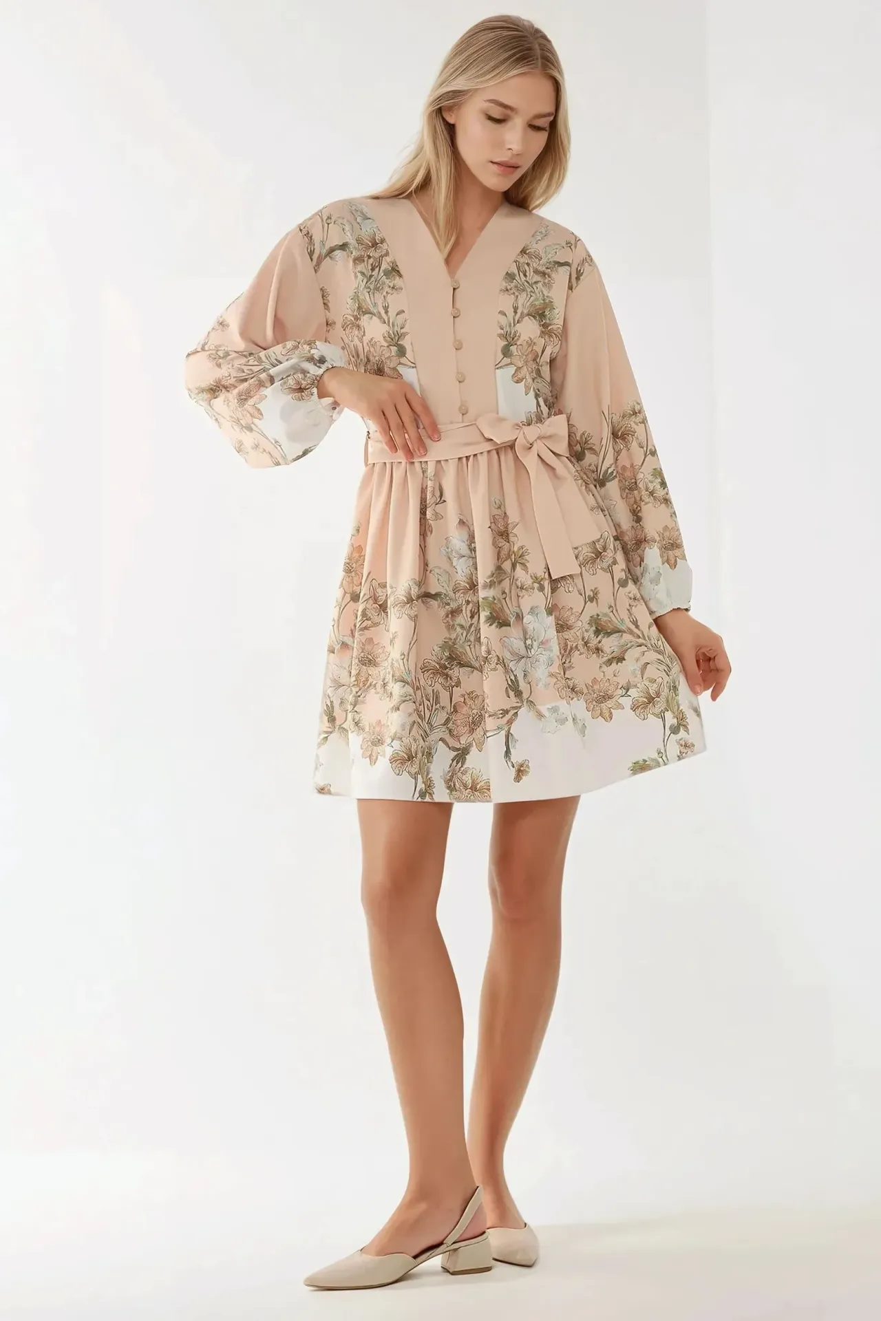 Printed V-Neck Mini Dress with Belt